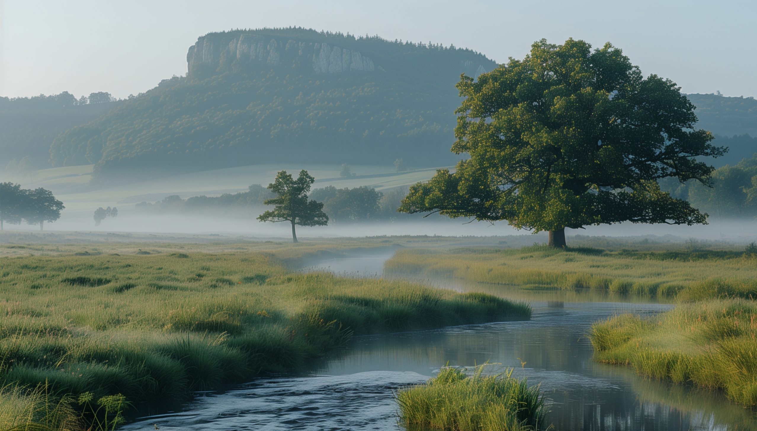 Der Gottesgarten am Obermain bei Bad Staffelstein mit Main, Morgennebel und dem Staffelberg