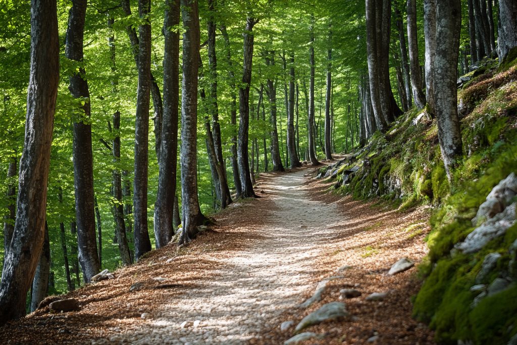 Sonnendurchfluteter Waldweg mit hellem Kiesboden, umgeben von hohen Buchen und moosbewachsenen Steinen.